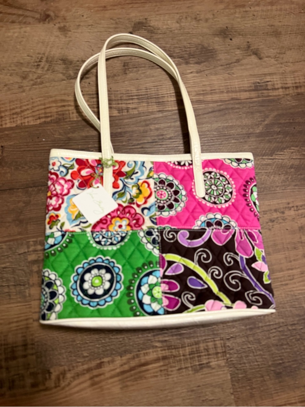 Vera Bradley Multicolor Patchwork Quilted Tote with Cream Handles